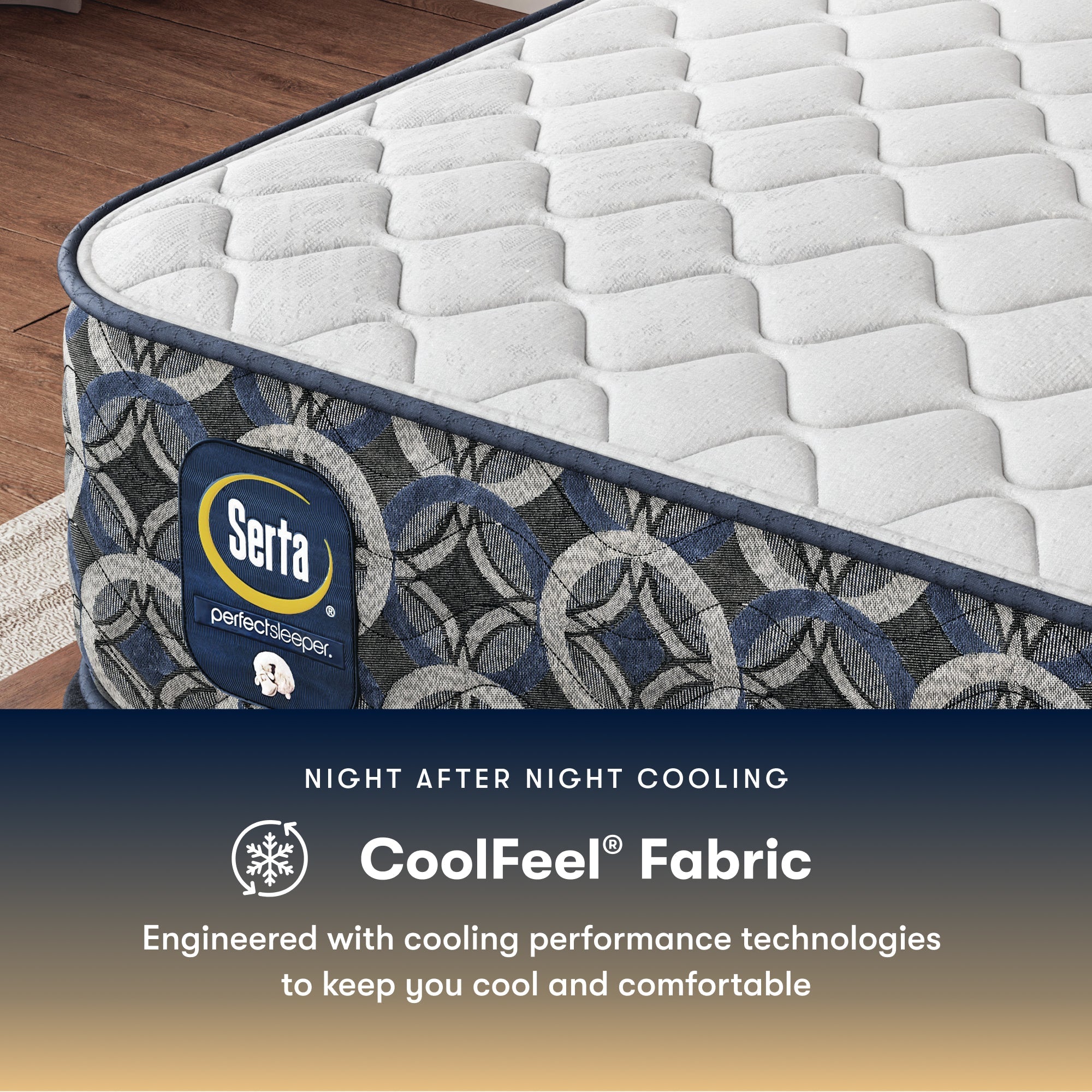 Serta Perfect Sleeper firm mattress with CoolFeel fabric feature on a wooden floor.
