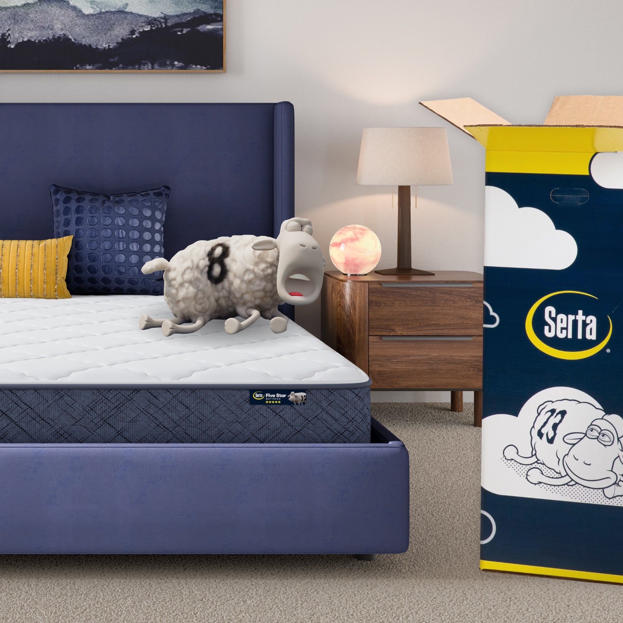 alt_txt 8 inch medium mattress in a blue bedframe with a Serta sheep with a number on top of it with the Serta packaging to the right of the bed