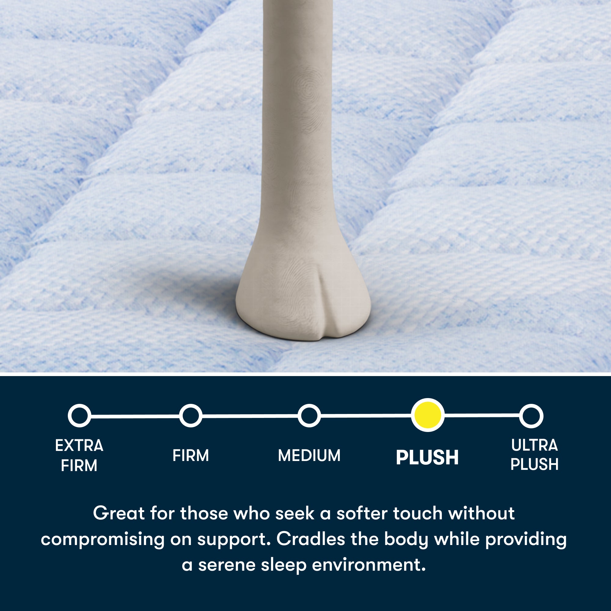 Close-up of a Serta Sheep's foot on a blue Serta 5 Star MIB mattress, featuring text stating great for those who seek a softer touch without compromising on support. Cradles the body while providing a serene sleep environment.