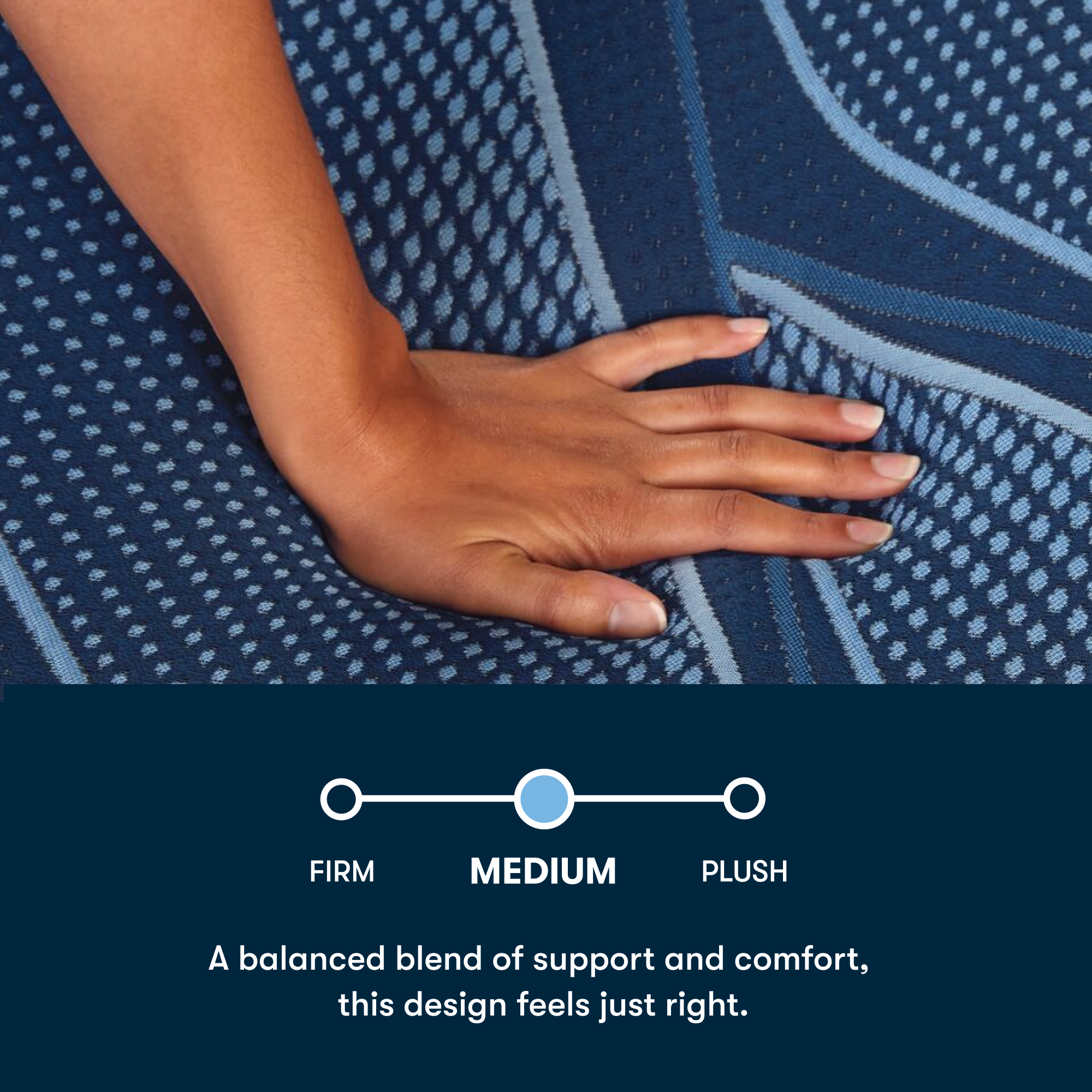 Hand on a textured blue Serta® iSeries® NXG™ Mattress fabric with a scale indicating medium firmness.