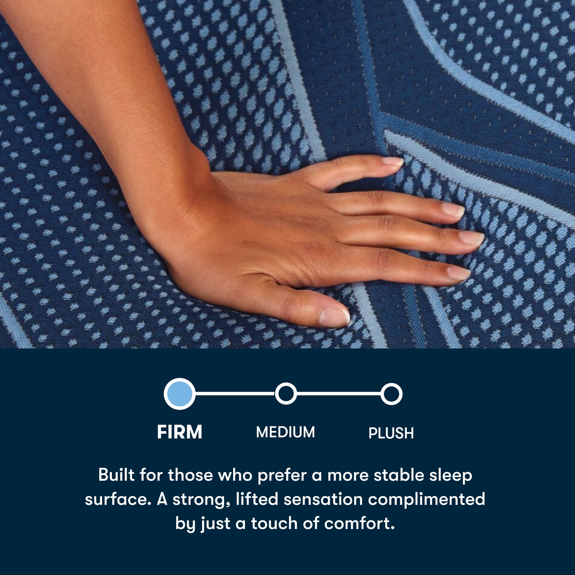 Hand on a textured blue Serta® iSeries® NXG™ surface with comfort level description